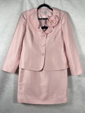 Le Suit 2PC Skirt Suit Women’s 14 Pink Blazer Button Long Sleeves Shiny