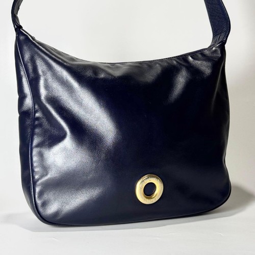 Rare Celine Leather Shoulder Bag Navy Circle Logo Gold Ring Vintage Classic