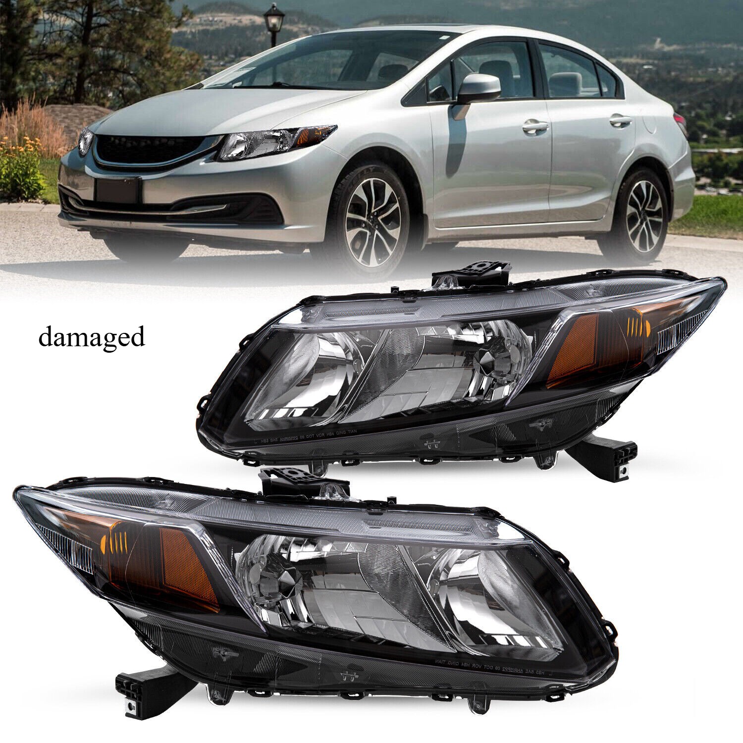 For 2012-2015 Honda Civic Sedan 12-13 Coupe Black Amber Headlights Pair 