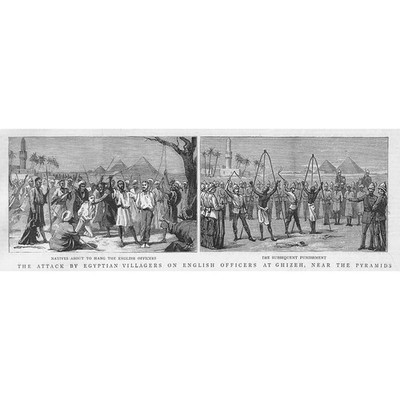 ÄGYPTEN Angriff auf britische Offiziere durch Dorfbewohner in Gizeh - antiker Druck 1887
