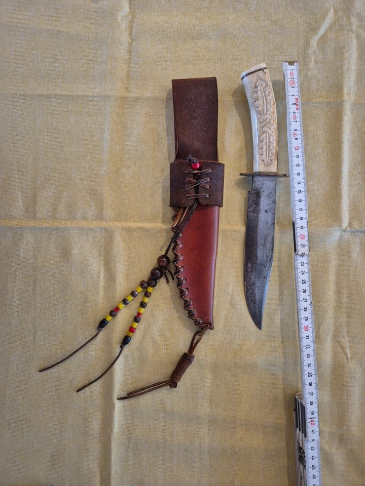 Messer Horngriff geschnitzt Oldstyle Westernhobby Sammlungsauflösung mit Scheide - Bild 2 von 3