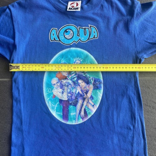 Vintage 90s Aqua Band T Shirt ACME Merch Blue Pop Group Graphic Tee Size 8 - Picture 8 of 11