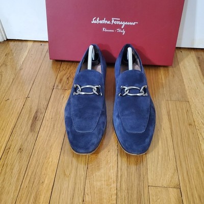 Salvatore Ferragamo Dark Blue Buc Suede CT Moro Trim Loafers Gancini Boy  7 EEE