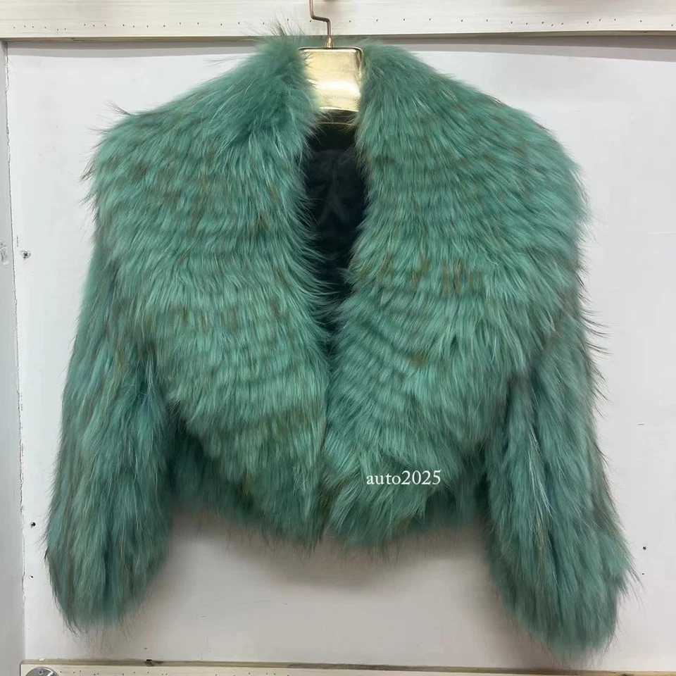 Chaqueta corta de piel de visón 100 % piel de mapache pelo piel grande solapa 15 colores Foto 2 de 4