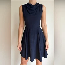 LOLA AND SOFIE Navy Draped Cowl Neck Fit & Flare Dress – Size Small