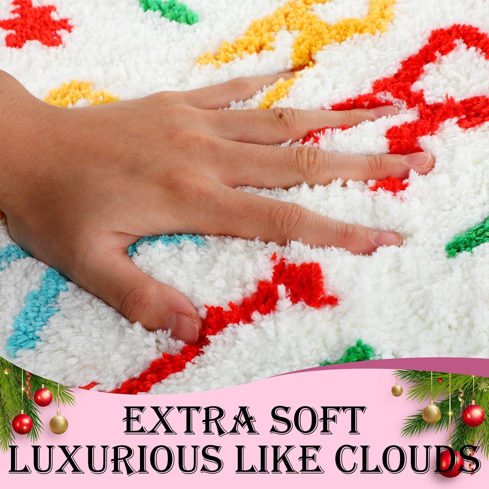 2 Pcs Christmas Bathroom Mat Set Soft Plush Pink Christmas Tree Bath Rugs Non...