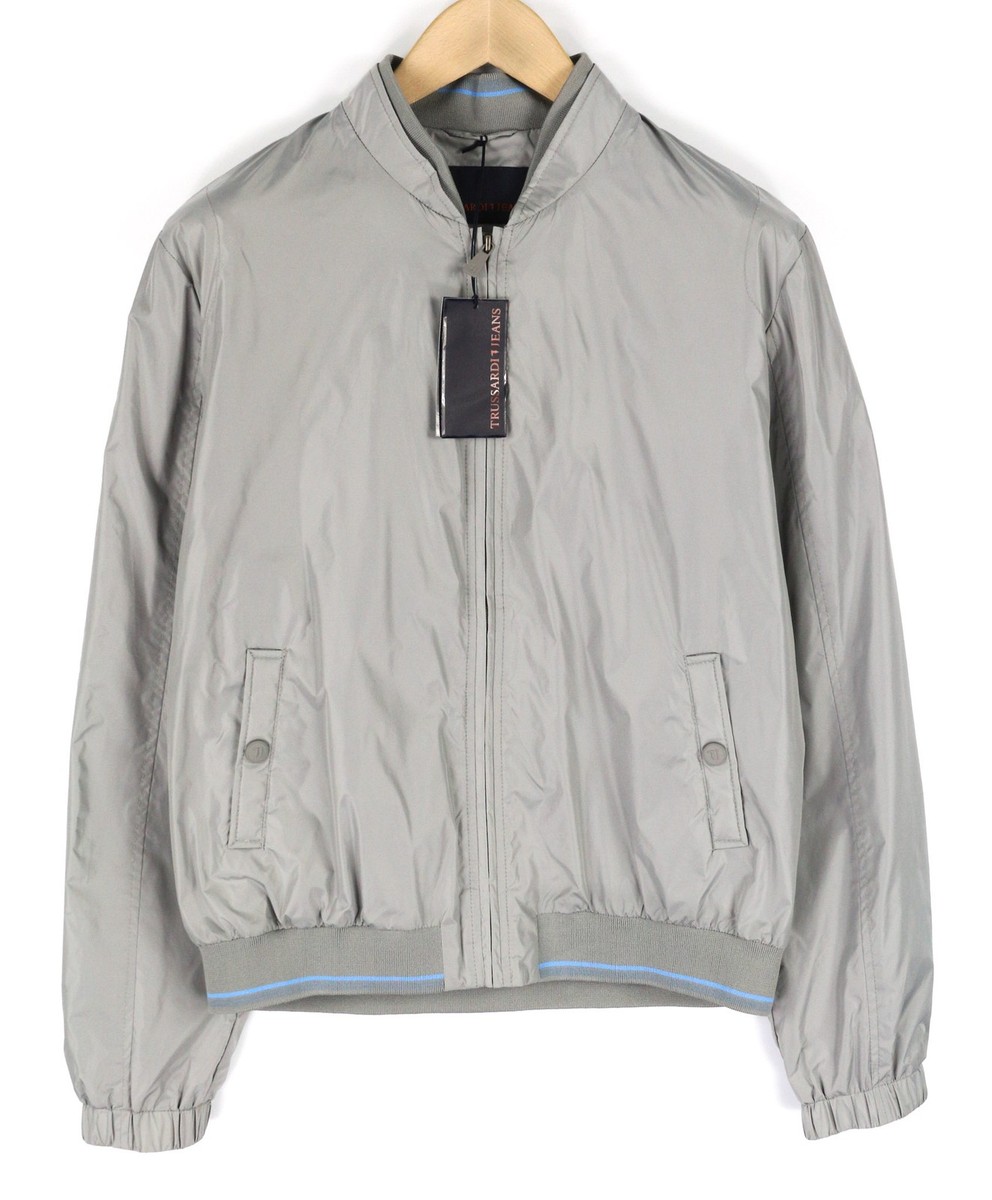 TRUSSARDI JEANS Mens Jacket 52 Grey Lightweight Zip Bomber Long