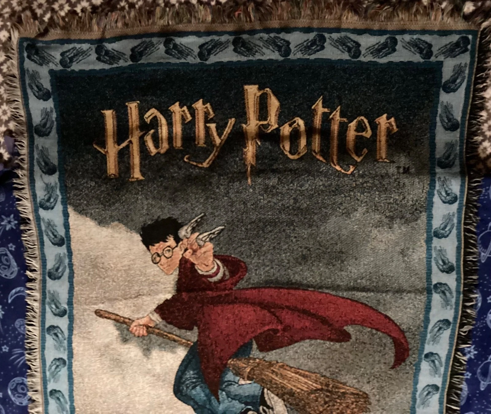 Vintage Harry Potter Throw Blanket Quidditch Hand Woven Fringed Warner Bros 2000