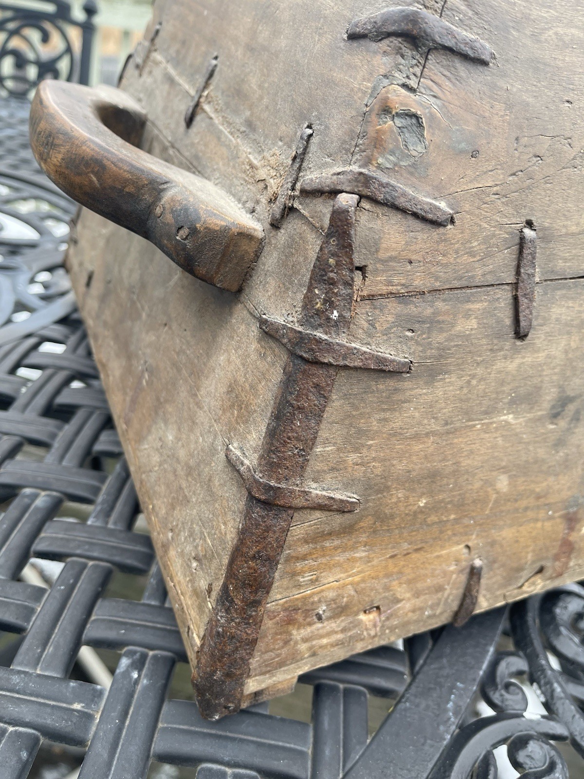 Antique Chinese Wooden Rice Bucket Pail Grain Carrier w/ Iron Bands Orig Writing