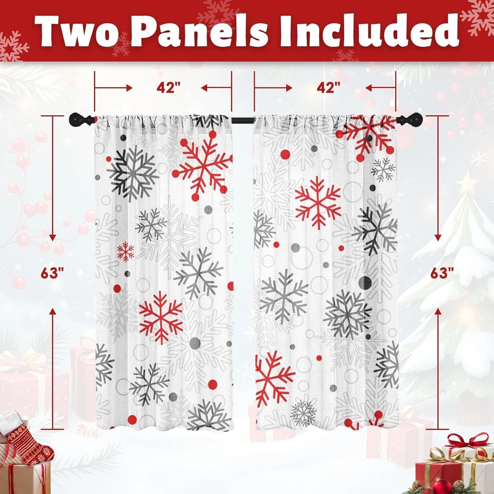Cortinas de Navidad, Copo de Nieve de Navidad Rojo Nieve Gris Cortinas Transparentes, Varilla de Invierno Foto 2 de 4