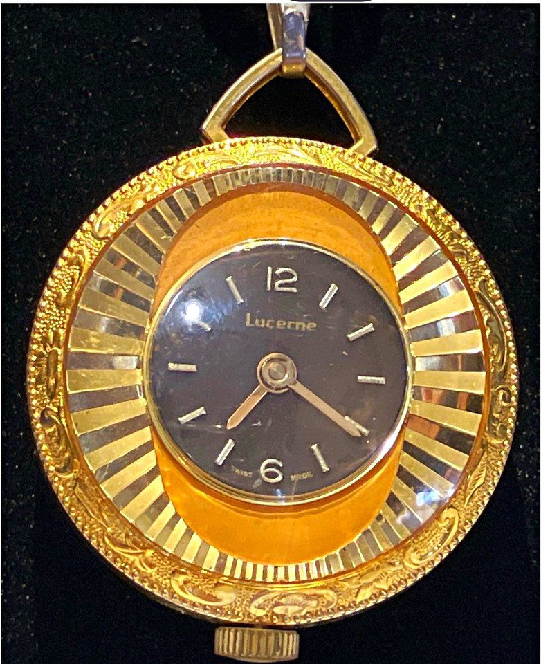 Lucerne Gold Plated Engraved Full Hunter Pocket Watch Necklace Chain Quartz