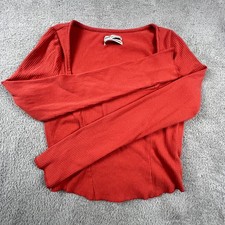 Urban Outfitters Top Medium Red Ribbed Corset Seam Square Neck Long Sleeve