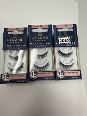Lot Of 3 Eylure Volume Pre Glued False Eyelashes - No 101 15 Hr Wear 3 Wears