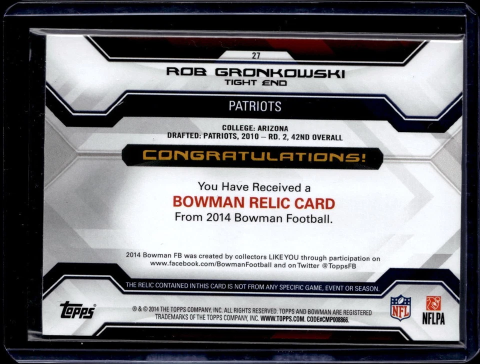 2014 Bowman #27 Rob Gronkowski Relics - Image 2 of 2