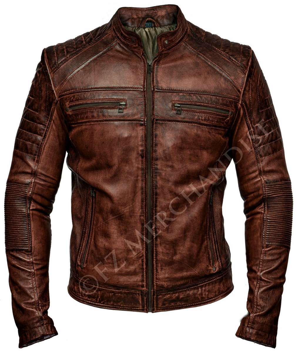 Mens Distressed Leather Jacket Biker Genuine Lambskin | eBay