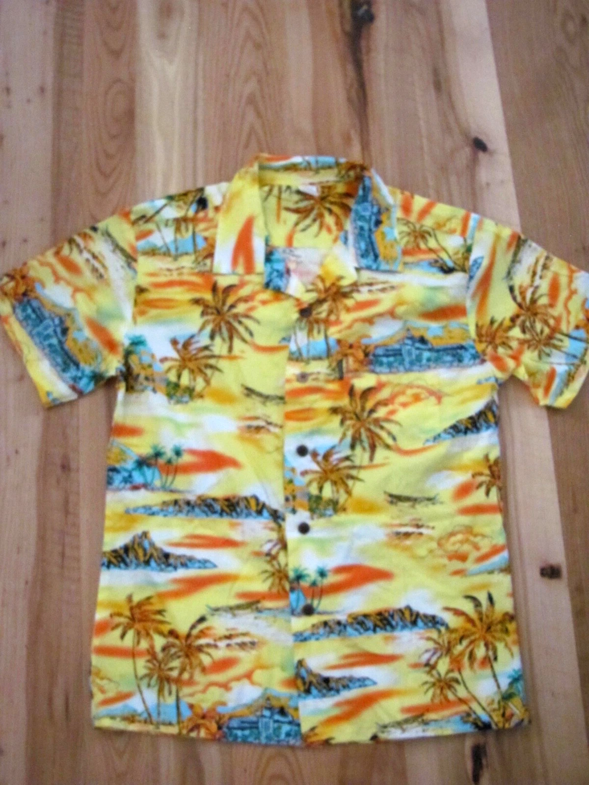 Palmwave Vintage Hawaiian Palm Trees Boat Sunset Cotton Shirt Men's M (H-PW5)