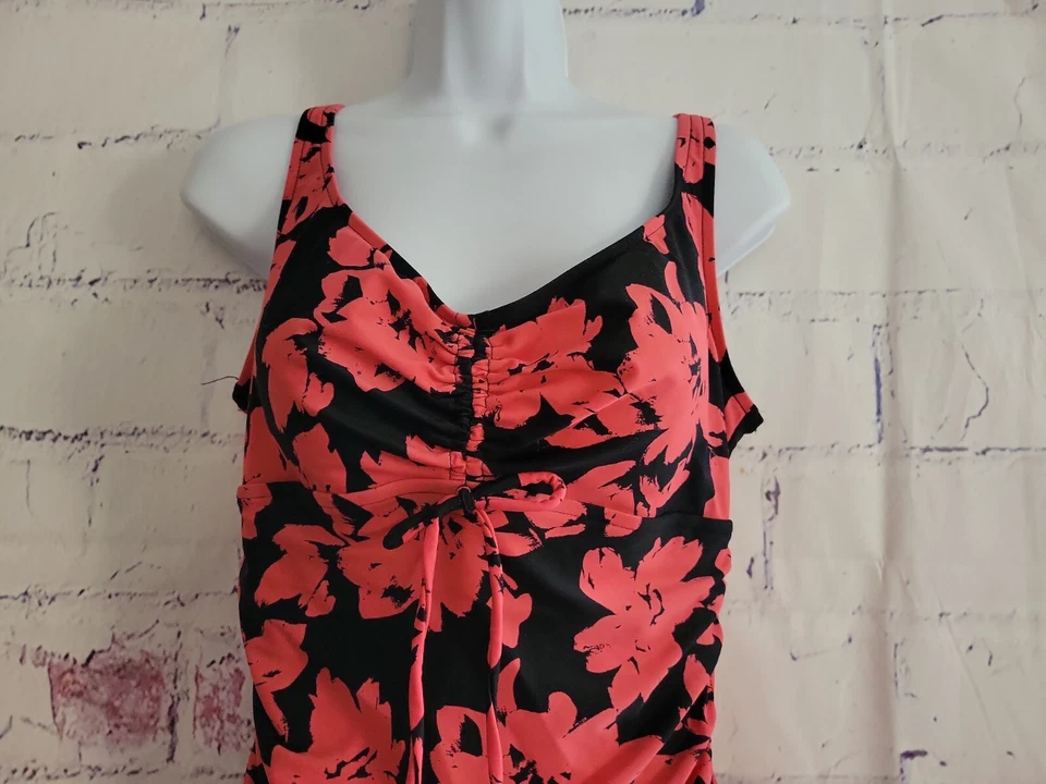 Traje de baño verde aguamarina de una pieza grande coral rosa floral grande acolchado cuello en V lazo Foto 2 de 4