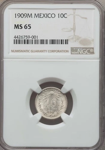 MEXICO ESTADOS UNIDOS 1909 10 CENTAVOS COIN CERTIFIED GEM UNCIRCULATED NGC MS-65