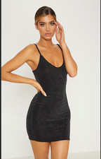 PRETTYLITTLETHING Black Strappy Textured Glitter Mini Bodycon dress