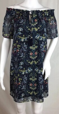 DR2 Off The Shoulder Shift Dress Short Sleeves Navy Floral Chiffon Lined Size XS