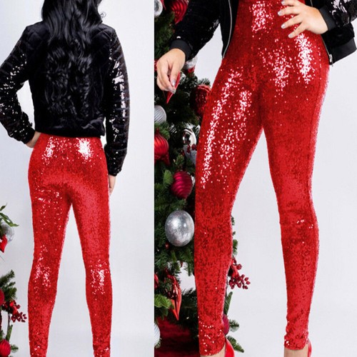 Women's Plus Size Sequin Slim Leggings Pants Women's Sexy Nightclub Trousers - Picture 14 of 16