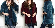 Leopard Flocked Burnout Fringe Trim 3/4 Sleeve Open Front Tunic Cardigan Cover