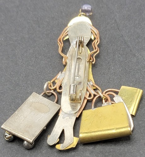 Adorable Copper Brass Silver Color Metal Brooch Figural Lady Shopping W/ Bags - Picture 11 of 18