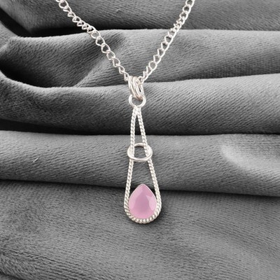 925 Silver Pear Rose Chalcedony Stone Valentines Artisan Elegant Pendant Jewelry