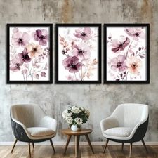 Purple Wildflowers Wall Art Luxurious Set Of 3 Prints Watercolour Flowers Print