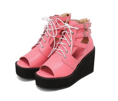 Womens Peep Toe Lace Up Sandals Faux Leather High Wedge Heels Roman Ankle Boots