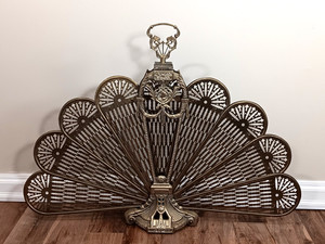 VTG Brass Peacock Fireplace Screen Ornate Folding Fan Cameo Victorian Design