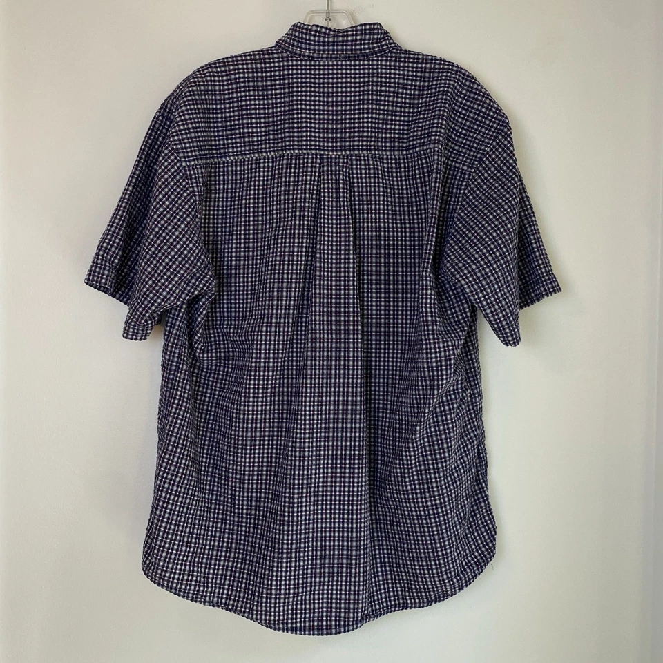 Chesterfield 泡泡纱衬衫男式 L 16 短袖蓝色格子纽扣 — 第 4/4 张图片