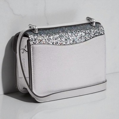 Coach Morgan Square Crossbody Purse Bag in Silver Glitter Leather