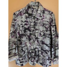 Chicos Metallic Silver Purple Abstract Linen Button Front Jacket Size 1 Womens