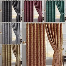 Luxury Jacquard Eyelet Pair Curtains Fully Lined Ready Made Ring Top Curtain