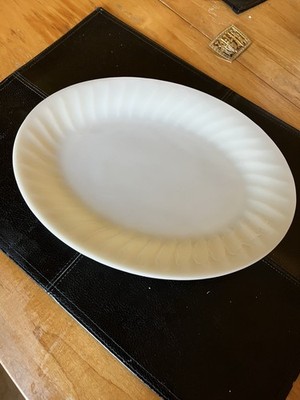 Fire King Oven Ware Off White Oval Swirl Ribbed Glass Vintage 12X9 Oval Platter