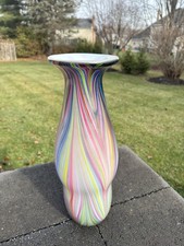 Vintage Heavy Art Glass Vase Colorful Striped Mid Century Modern 17.5