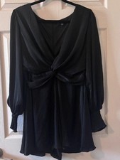 Fashion Nova Black Satin Twist Front Romper Dress Women’s Size Large Long Sleeve