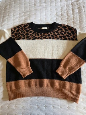 Umgee Women s S Knit Crewneck Pullover Sweater Long Sleeve Leopard Colorblock