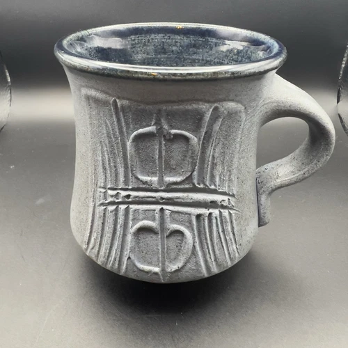 Vtg Handmade Artisan Signed Pottery Mug Coffee Cup Blue Textured Unique 