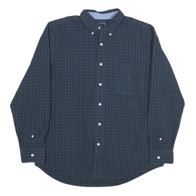 CHAPS Herren Blau-Grün Karo Hemd L Button-Down Baumwolle Freizeit Langarm