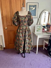 Vintage Victor Costa Black & Metallic Brocade-Jacquard Juliet Puff-Sleeve Dress