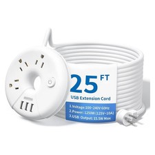 Extra Long Extension Cord 25 ft Flat Plug Power Strip with USB Ports 3 Outlet...