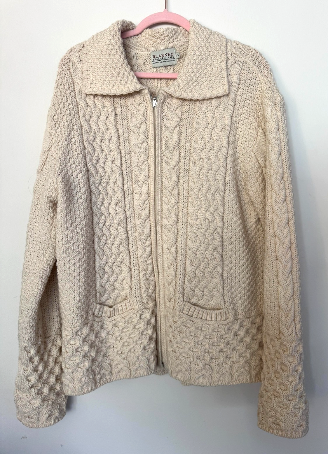 Blarney Aran Originals Cream Cable Knit Wool Zip Up Cardigan Sweater Jacket XL