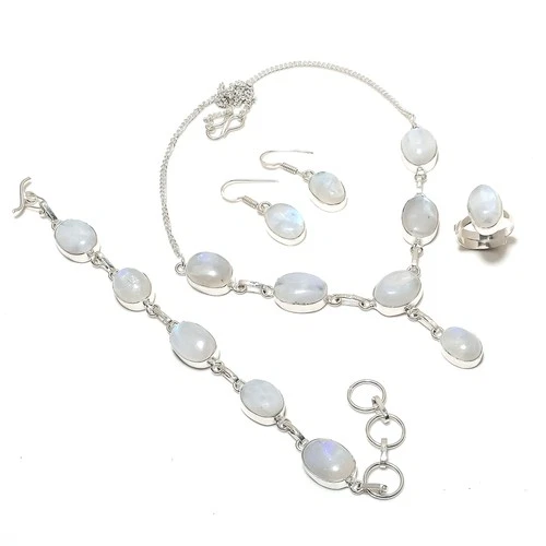 Rainbow Moonstone Gemstone Handmade 925 Sterling Silver Necklace Jewelry Set D76