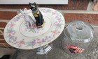New Glass Dome Cloche On Glass Pedestal W/ Vintage Haviland China And 2 Sphynx  — photo 7