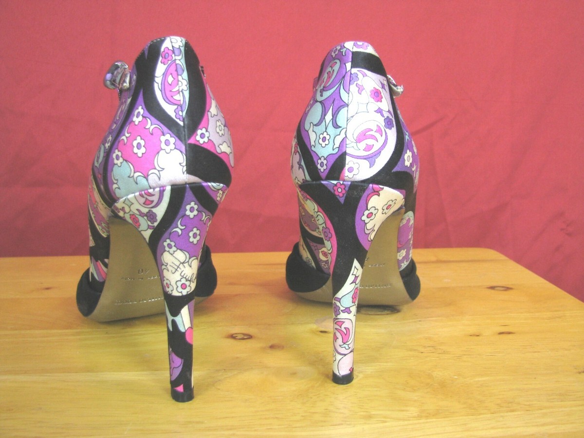 Chaussures Vintage Emilio Pucci Taille 40 - Talons Kitten Heel, Cuir, Multicolore, Avec Boîte