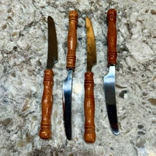 Old Homestead Wooden Handled Dinner Knives 4 Stainless Flatware VTG 70s Taiwan