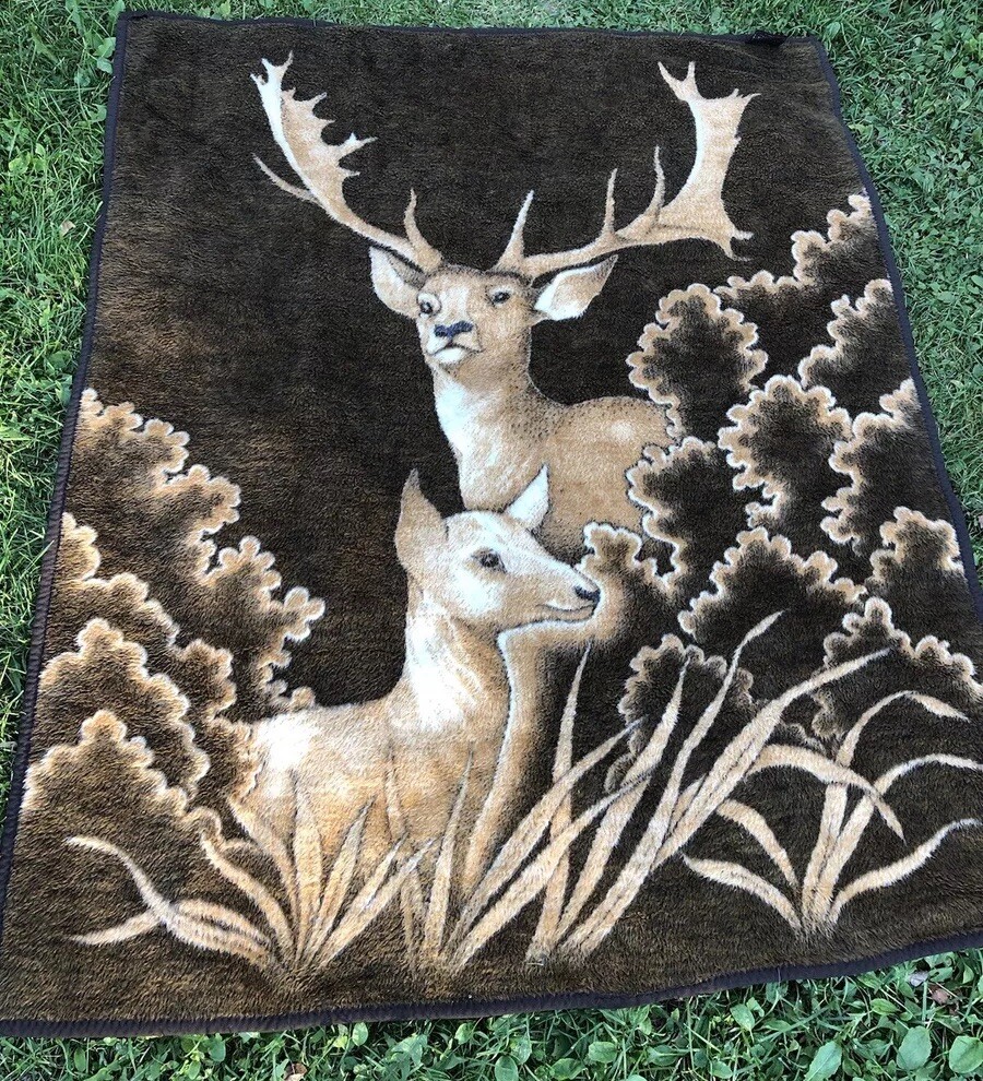 Vtg Biederlack Blanket Throw Deer Buck Man Cave Hunting Cabin
