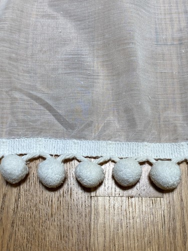 Pair Vintage Sheer White Panel Curtains Pom Pom Fringe Attached Valance 45”x45” - Picture 8 of 11